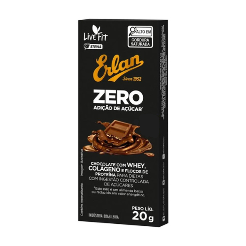 Chocolate Erlan Zero com Whey e Flocos de Proteína - Embalagem com 20G