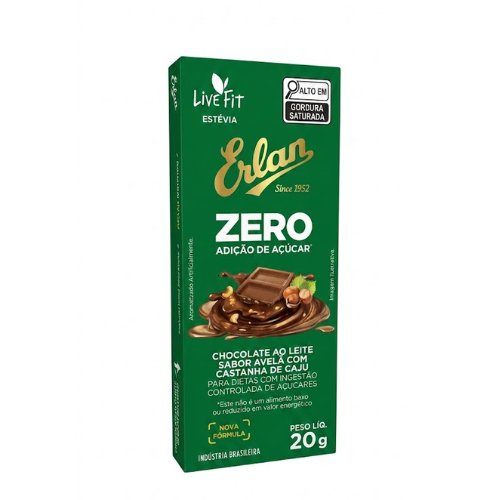 Chocolate Ao Leite Erlan Zero Sabor Avelã com Castanha de Caju - Embalagem com 20G