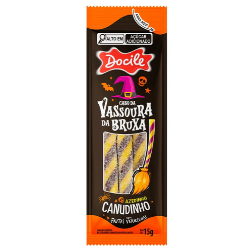 Gelatina Docile Canudinho Vassoura de Bruxa Sabor Frutas Vermelhas Azedinha - Embalagem com 15G