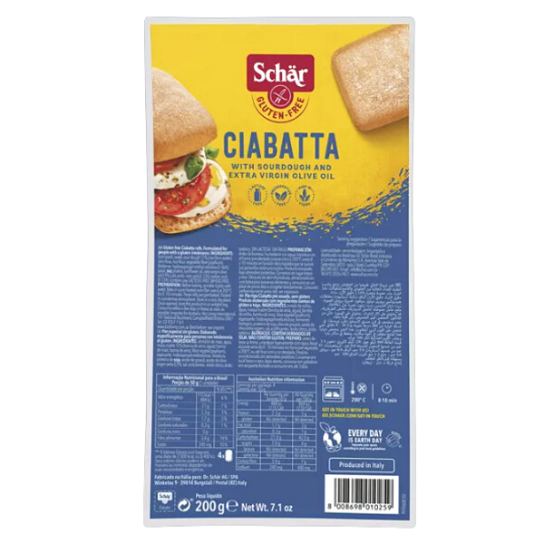 Pão Ciabatta Sem Glúten e Sem Lactose Vegano 200g Schar