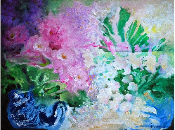 Rosas e Azuis - Obra com Tema Floral - Arte Contemporânea por Sueli Dabus - 60cm x 80cm