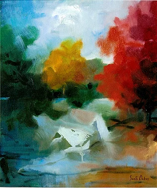 Árvore Vermelha na Beira do Rio - Obra com Tema Paisagens - Pós-Impressionismo por Sueli Dabus - 38cm x 33cm