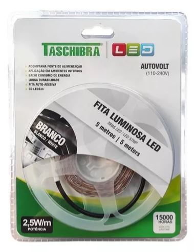 Fita led 2 5w 30 leds/m 5m 12v com fonte autovolt ip20