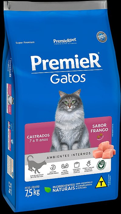 Ração PremieR Gatos Castrados 7 a 11 Anos Frango 7,5Kg
