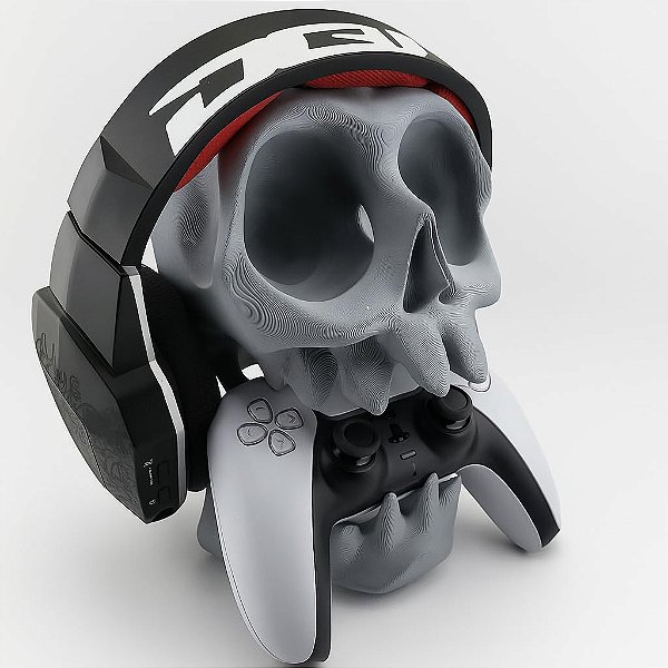Suporte Controle PS5, PS4 e Fone de Ouvido, Caveira, Cinza