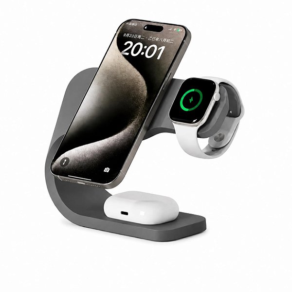 Suporte de Carregador 3 em 1 Para iPhone/Apple Watch/AirPods - Cinza