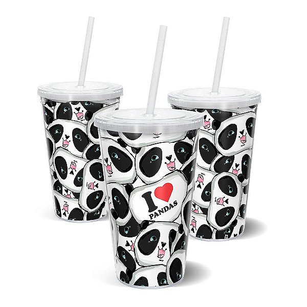 Copo Canudo Parede Dupla 500ml I Love Pandas - Beek