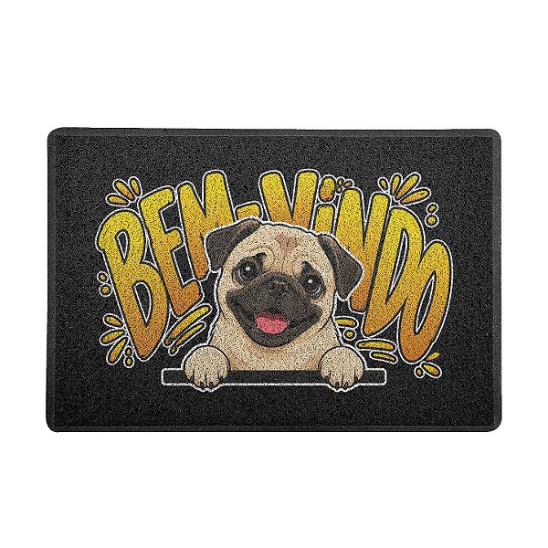 Capacho / Tapete 60x40cm 10mm - Cachorro Pug - Bem Vindo