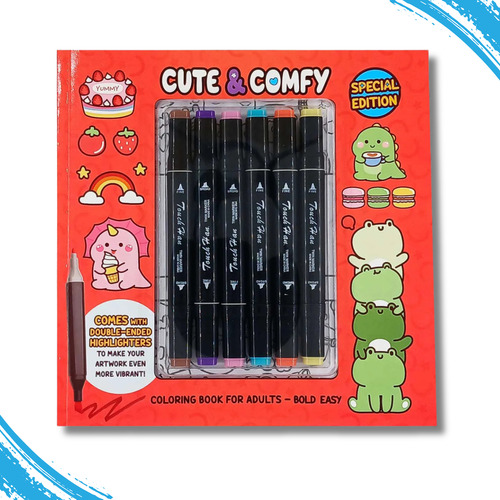 Cute & Comfy Coloring Book For Adults Bold Easy Special Edition Livro De Colorir Adulto Criança 6 Canetas Presente
