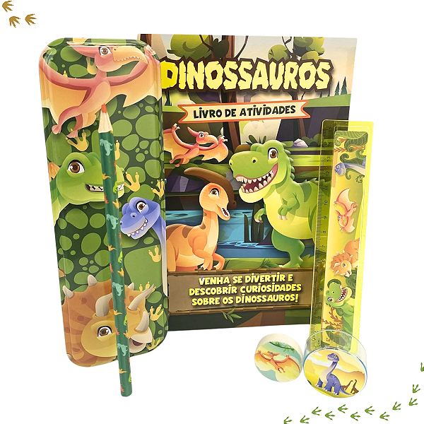 Kit Escolar Dinossauros 7 Peças Estojo + Livro De Colorir + Lápis, Régua, Apontador, Borracha + Bloquinho Adesivo