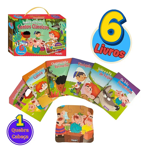 Livrinho Infantil Historias Classicas Maleta Divertida Com 6 Livros E 1 Quebra Cabeça Pinóquio 3 Porquinhos Chapeuzinho Vermelho Presente Criança