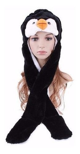 Touca de Pinguim Pelúcia com Cachecol e Luva