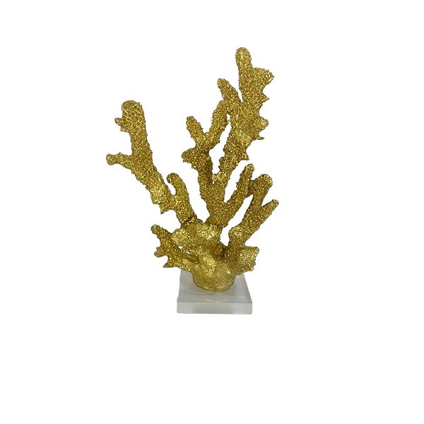Escultura Coral Em Resina E Base Em Acrílico Dourada