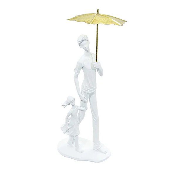 Escultura Em Resina Branca Pai E Filha Guarda-Chuva Dourado