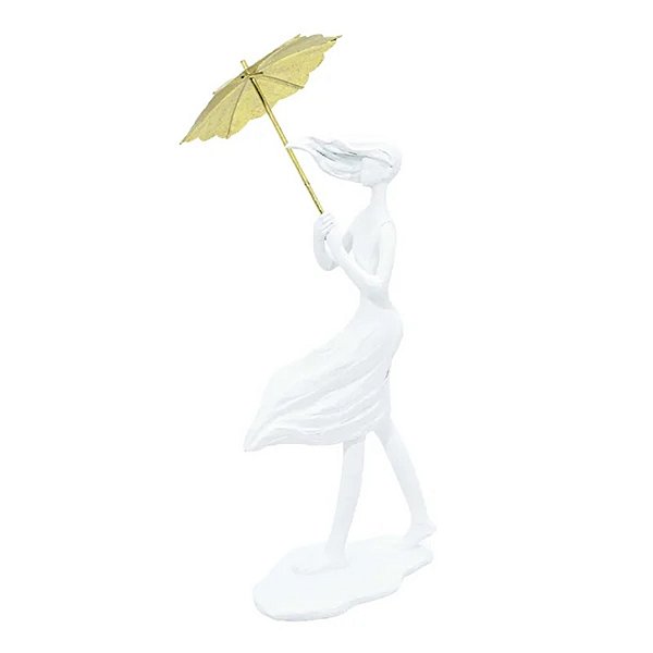 Escultura Em Resina Branca Mulher Com Guarda-Chuva Dourado