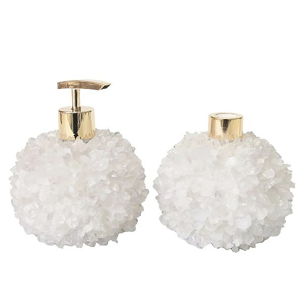 Kit Lavabo Difusor E Saboneteira Pontas De Quartzo Branco E Dourado