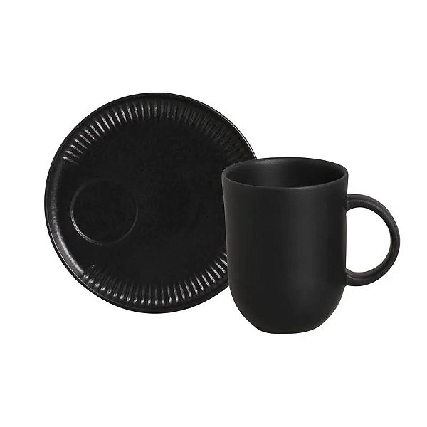 Kit Caneca Stoneware Com Pires Preto Matte - Porto Brasil
