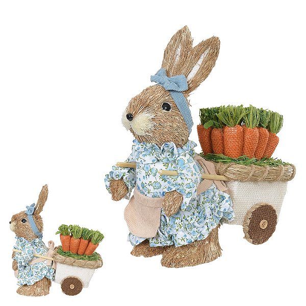 Coelho De Páscoa Fêmea De Palha Com Carroça Azul - Florarte