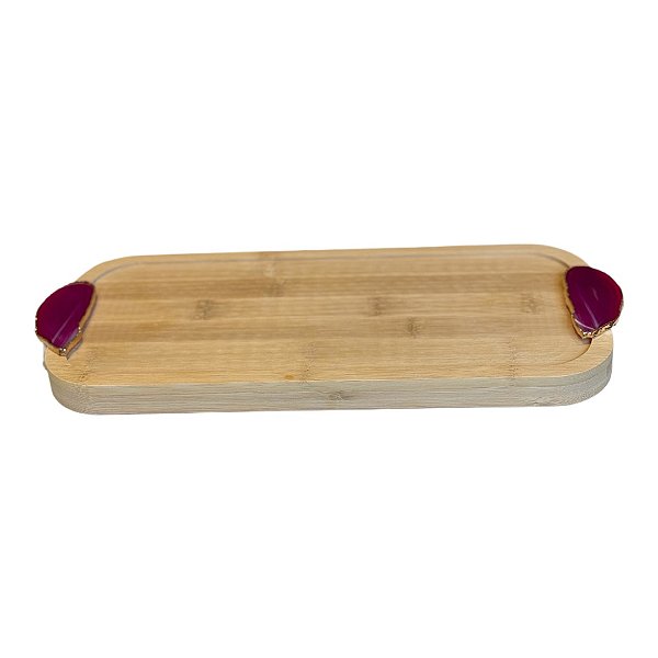 Bandeja Em Bambu Com Pegadores Com Pedra Ágata Rosa Banhada
