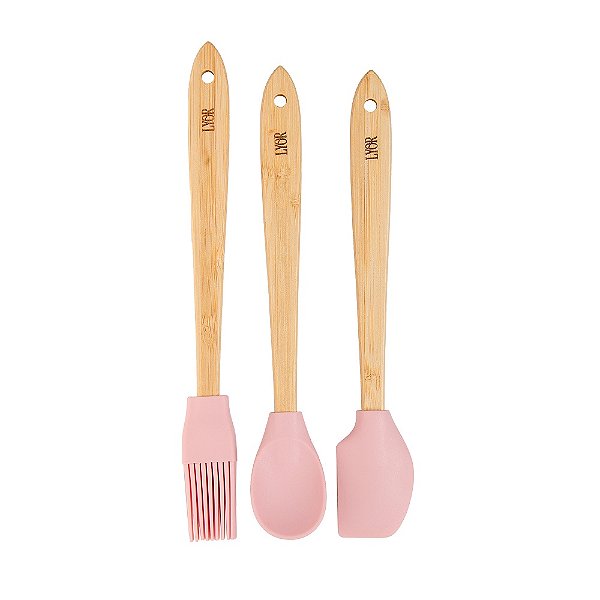 Cj 3 Utensílios De Silicone Com Cabo De Bambu Rosa - Lyor