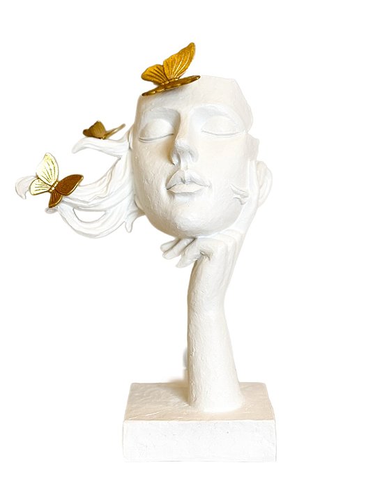 Escultura Em Resina Branca Face Com Borboletas - Lucatti