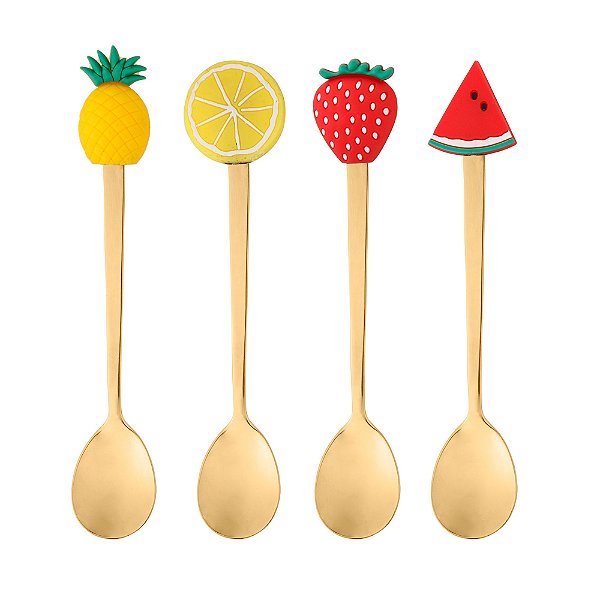 Cj 4 Colheres Aço Inox Para Cha Fruit Dourado - Wolff
