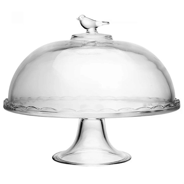 Prato Para Bolo Com Pé E Tampa Bird De Vidro - 30CM -Wolff