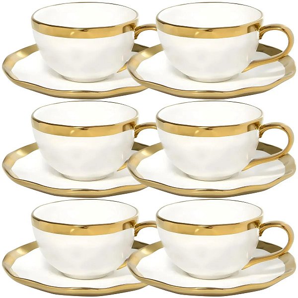 Kit 6 Xícaras Porcelana Branco E Dourado Dubai 200ml - Wolff