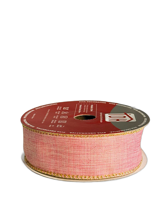 Fita Aramada Decorativa De Natal Rosa Dourado - 3,8cmx9,14m