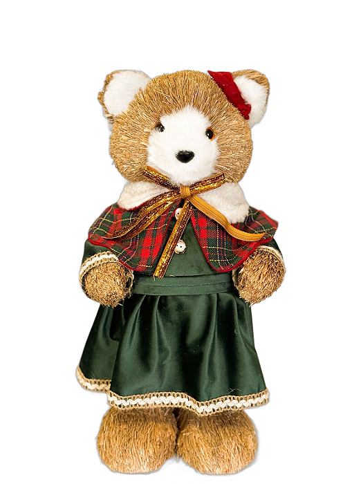 Ursa Em Pé Roupa Xadrez Vermelho E Verde 43cm - Tokdacasa