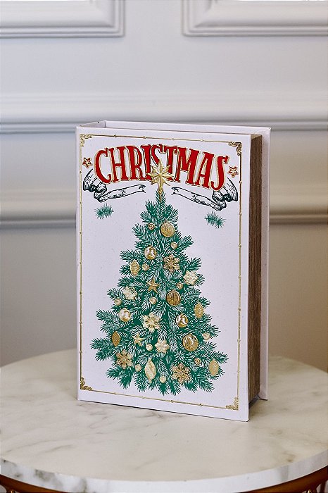 Caixa Livro De Natal Branco com Árvore - 27cm - Tokdacasa