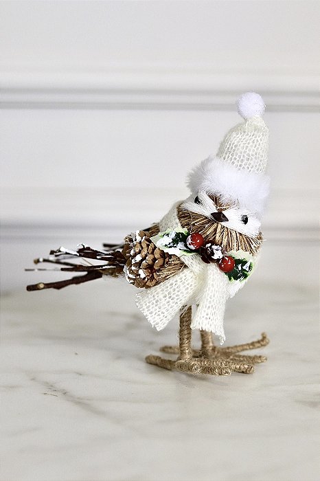 Passarinho De Natal Com Acabamento Em Palha - 16cm - Tokdacasa