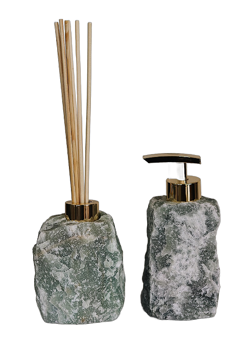 Kit Lavabo Difusor E Saboneteira Pedra Quartzo Verde Claro