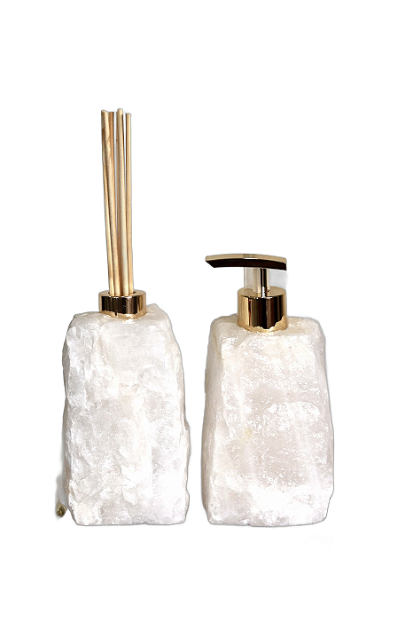 Kit Lavabo Difusor E Saboneteira Pedra Quartzo Branco Bruto