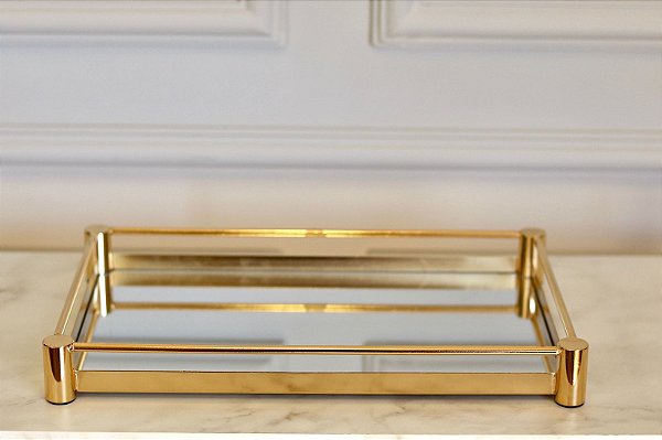 Bandeja Dourada Em Metal Com Espelho - Tam P - Mart