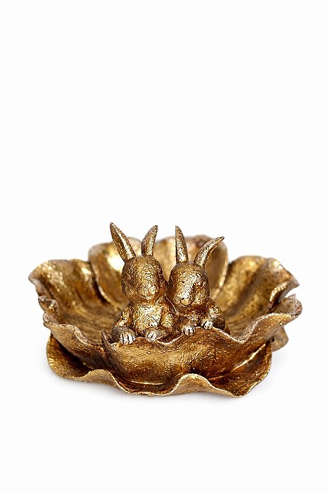 Decoração Coelhos Bandeja Ouro - 14cm - C/1 UN - Tokdacasa