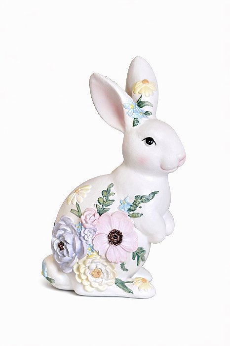 Decoração Coelho Com Flores - 17cm - C/1 UN - Tokdacasa
