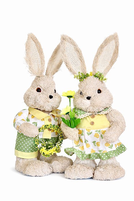 Casal De Coelhos Em Palha - 60cm - Tokdacasa
