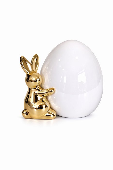 Decoração Ovo E Coelho Branco/Ouro - 15cm - Tokdacasa