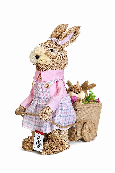 Decoração Coelha C/Carrinho E Coelhinhos - 37cm - Tokdacasa