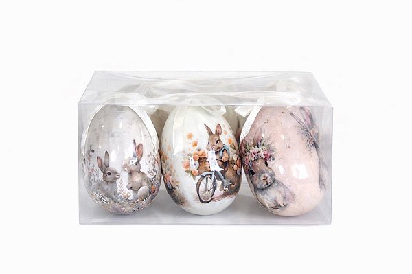 Jogo C/6 Ovos Decorativos Coelhos/Branco - 7cm - Tokdacasa