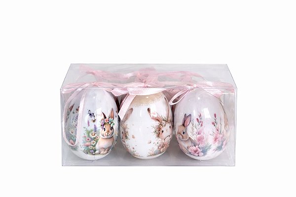 Jogo C/6 Ovos Decorativos Coelhos/Rosa - 7cm - Tokdacasa