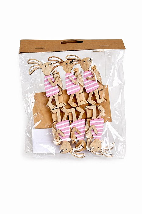Grampo Coelho Madeira Rosa – Jogo com 6 Pcs – 7cm – Tokdacasa