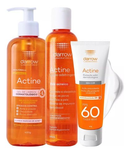 Kit Antiacne Actine: Gel de Limpeza +Tônico+Protetor FPS 30 | Darrow