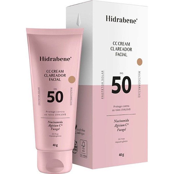 Hidrabene Protetor Solar Facial CC Cream 50 FPS com Base Peles Claras e Médias - Ação Clareadora Hipoalérgico Oil Free T