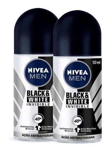 Kit 2 Desodorantes Roll-On Men Invisible Black & White 50ml | Nivea