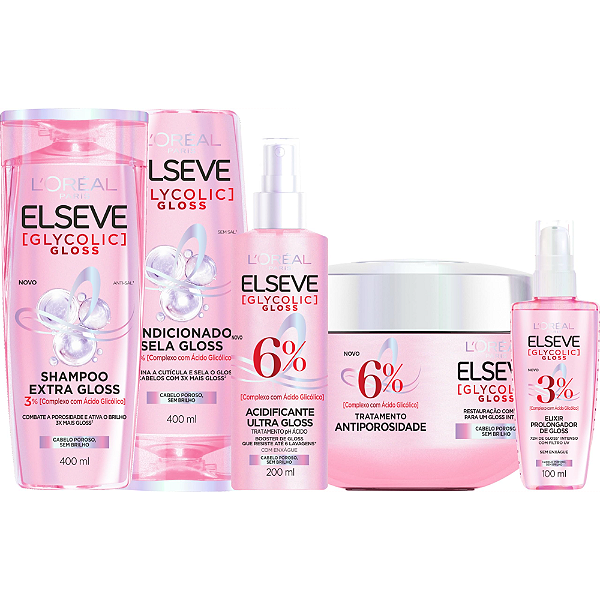 Kit Glycolic Gloss Shampoo, Cond, Acidificante, Creme e Sérum | Elseve