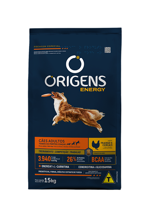 RAÇÃO SECA ORIGENS CÃO ENERGY ADULTO FRANGO E CEREAIS 15KG
