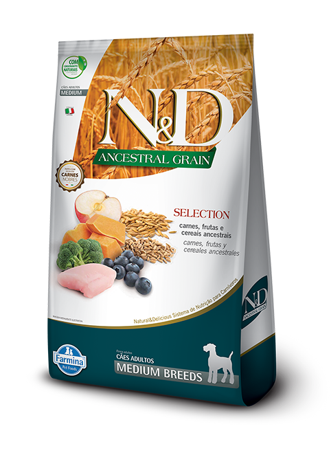RAÇÃO SECA N&D CÃO ADULTO MEDIUM BREEDS ANCESTRAL GRAIN SELECTION CARNES E FRUTAS 15KG