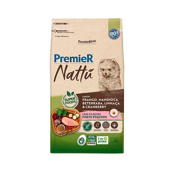 RAÇÃO SECA PREMIER NATTÚ CÃO FILHOTE RAÇAS PEQUENAS FRANGO C/ MANDIOCA 1 KG
